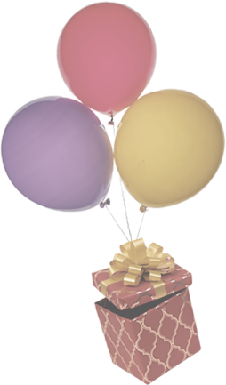 Globos de colores llevando un regalo